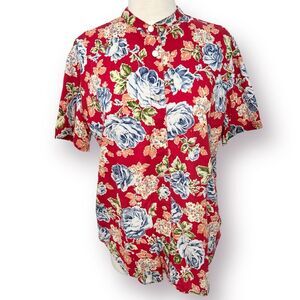 Vintage Red Floral Mandarin Collar Button Down Shirt Top 70s Retro